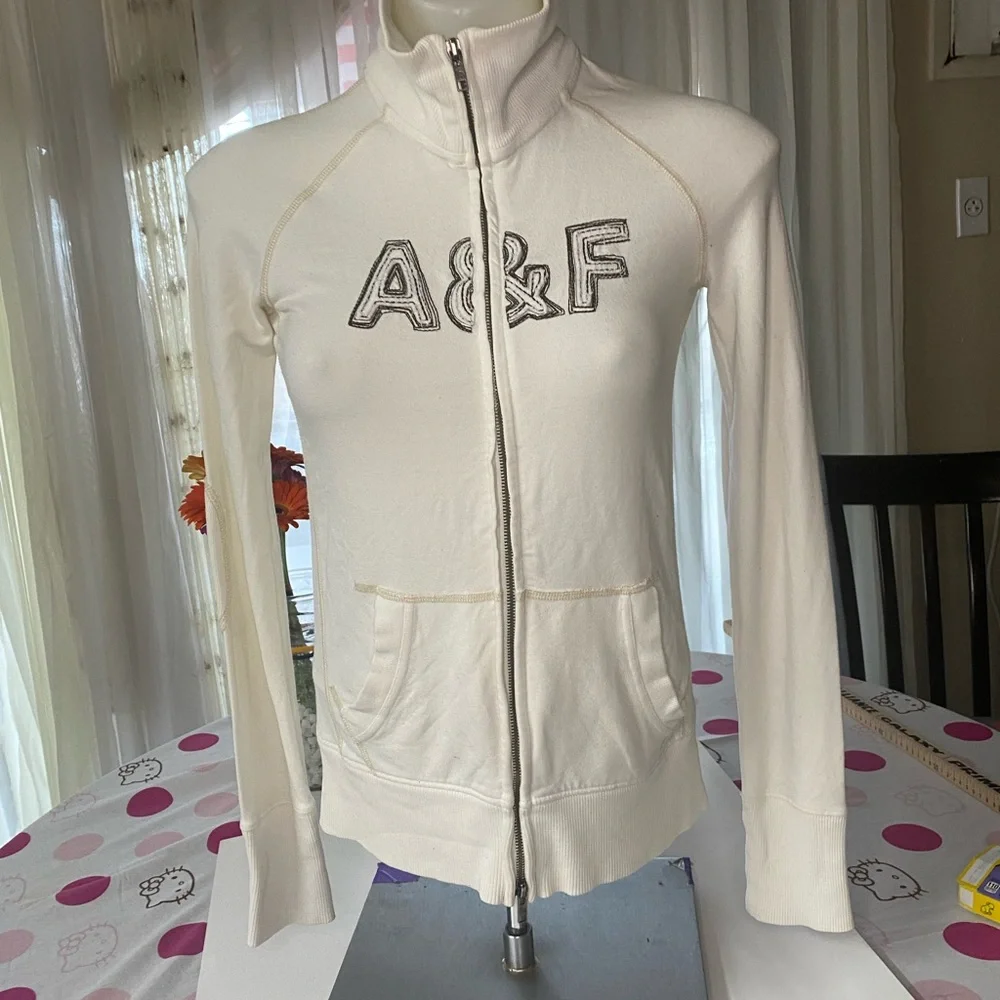 * Abercrombie & Fitch medium full zip thin sweatshirt Cream  Tan Jacket - Picture 3 of 7